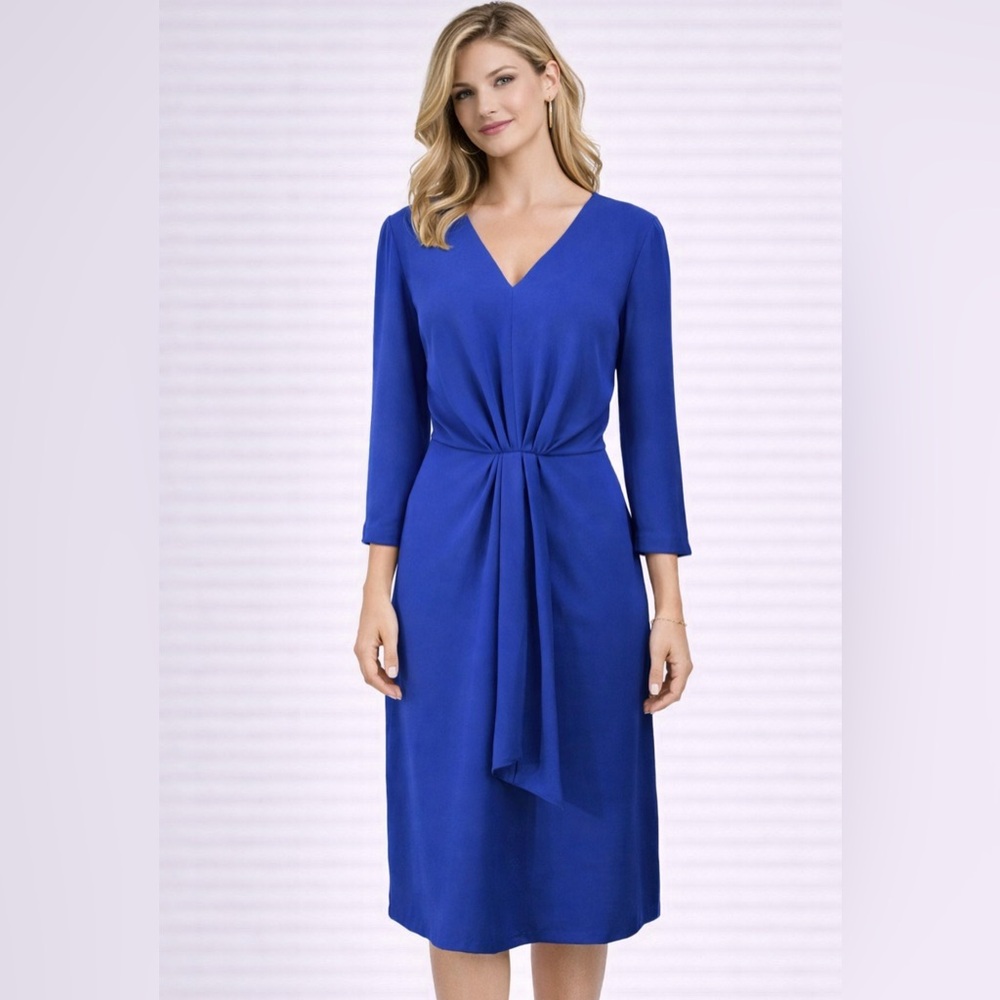 Tahari Levine Dress Cobalt Blue 8P 8 P Career Church Party 3/4 Sleeve V Neck